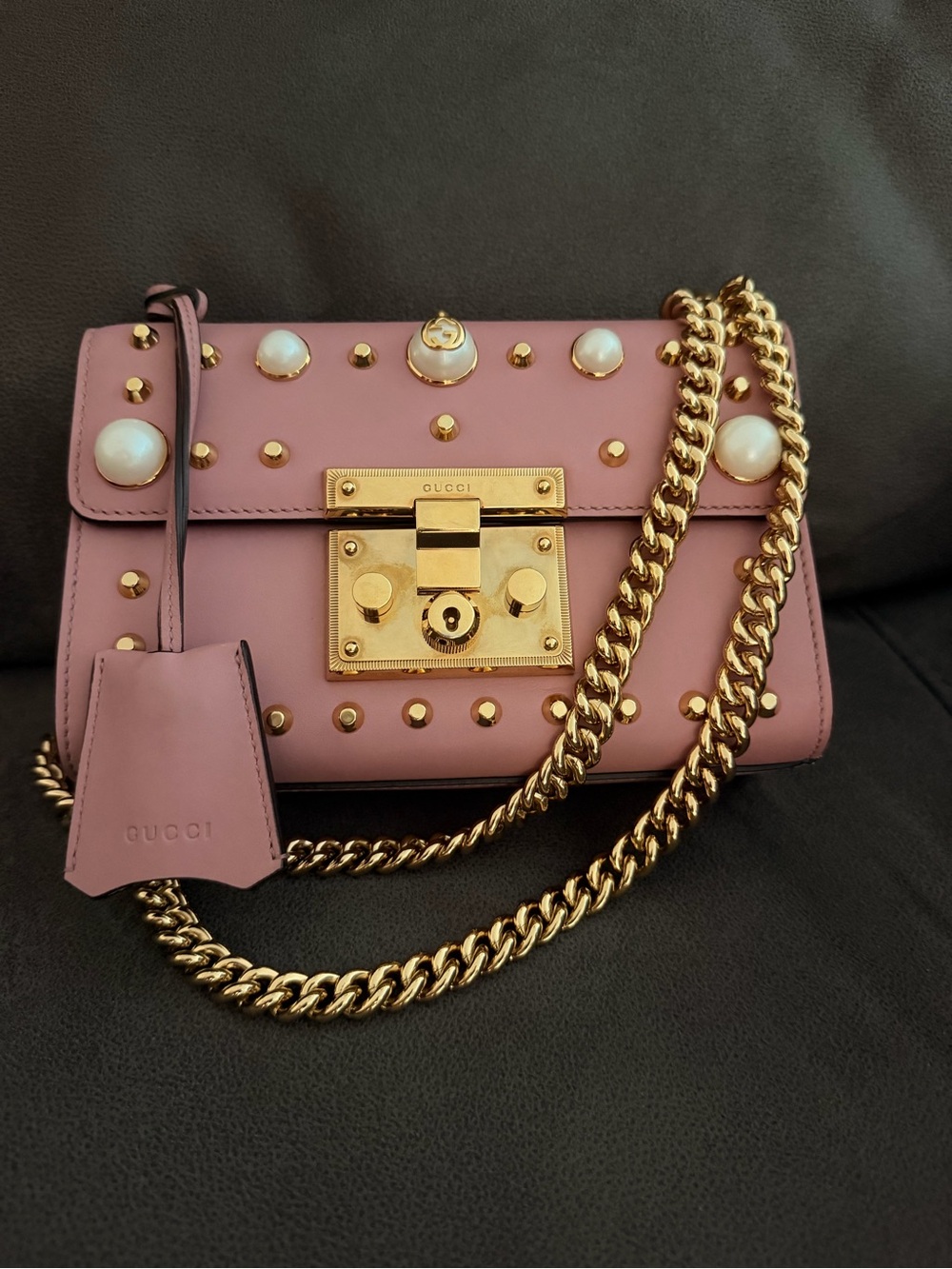 Gucci Pink Leather Shoulder Bag with Gold Chain & Pearl Studs